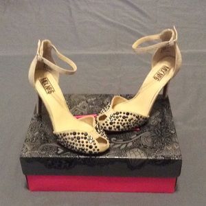 Cream fabric, studded peep toe heel